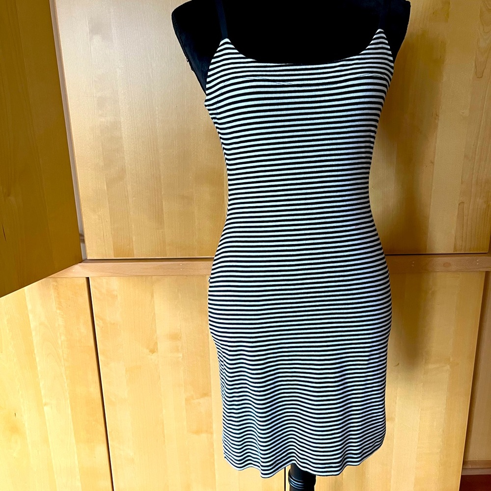 Betsey Johnson Iconic Black and White Stripe Knit Dress. Double ruffle back